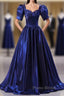 Wholesale Blue Satin Floor Length Formal Prom Dresses A-Line Short Sleeve Backless Evening Party Dresses