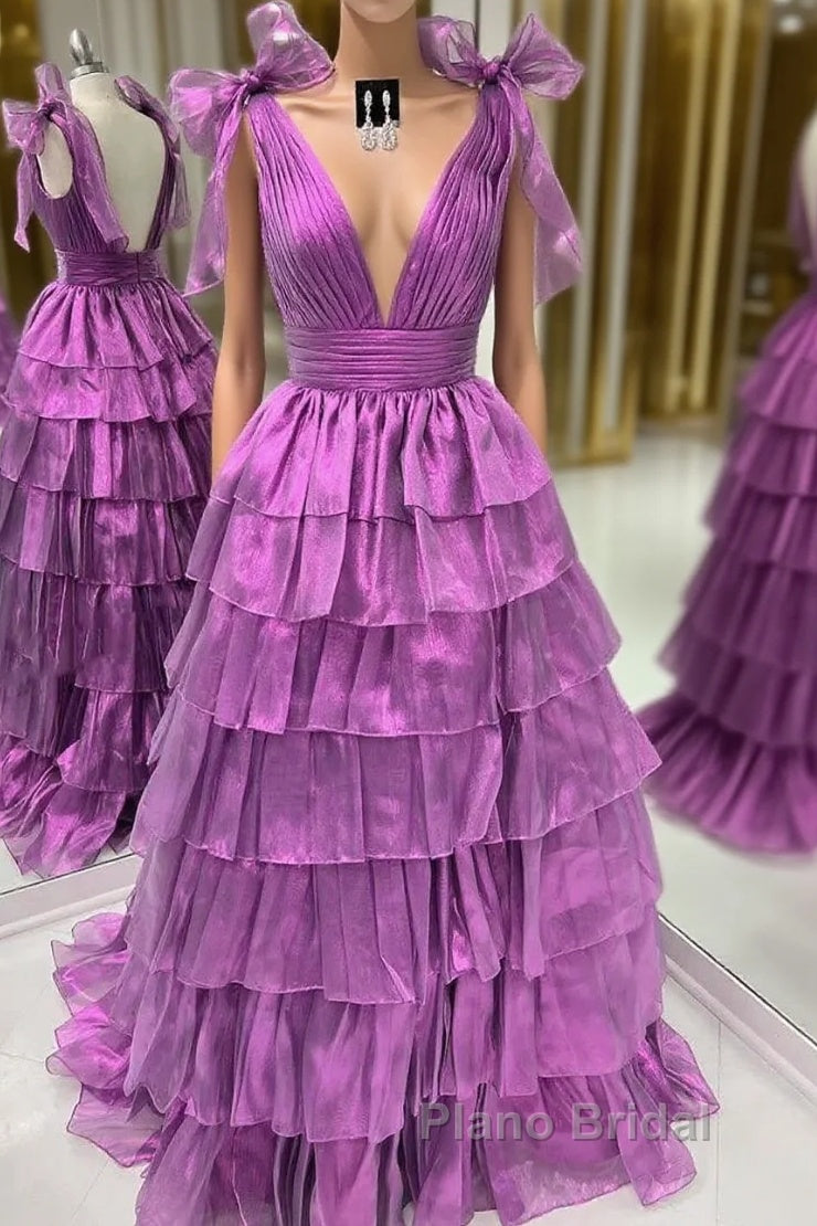 Wholesale Dark Purple Princess A-Line Deep V-Neck Long Tiered Formal Prom Party Dresses Formal Prom Clothing Main image