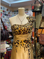 Wild Gold-Brown Leopard Print One-Shoulder Satin Long Formal Prom Dresses