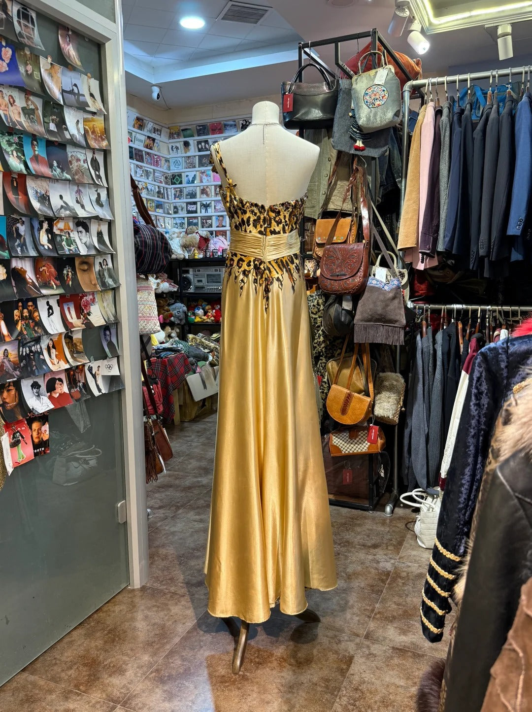 Wild Gold-Brown Leopard Print One-Shoulder Satin Long Formal Prom Dresses
