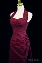 Wine Red A-Line Halter Vintage Style Prom Dress, Wine Red Long Evening Dress