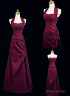 Wine Red A-Line Halter Vintage Style Prom Dress, Wine Red Long Evening Dress