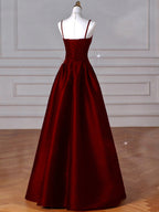 Wine Red A-Line Straps Satin Long Party Dresses, Wine Red Long Formal Prom Dresses Formal Evening Dresses