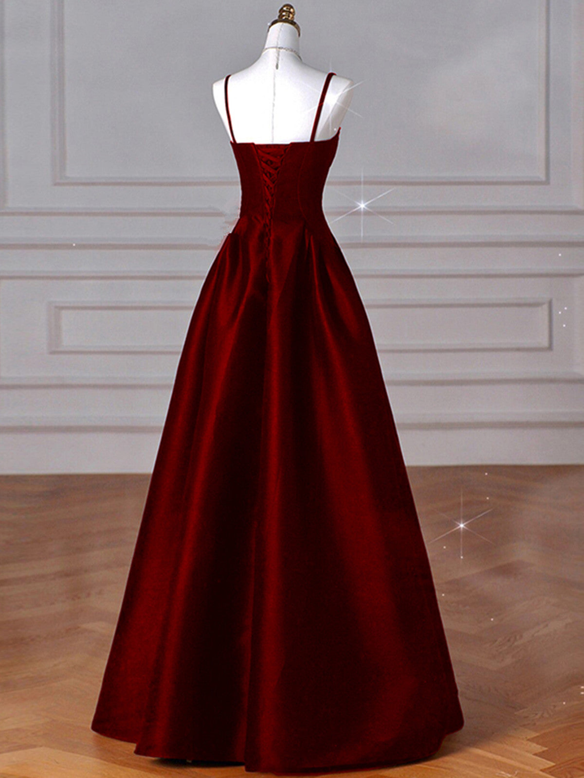 Wine Red A-Line Straps Satin Long Party Dresses, Wine Red Long Formal Prom Dresses Formal Evening Dresses