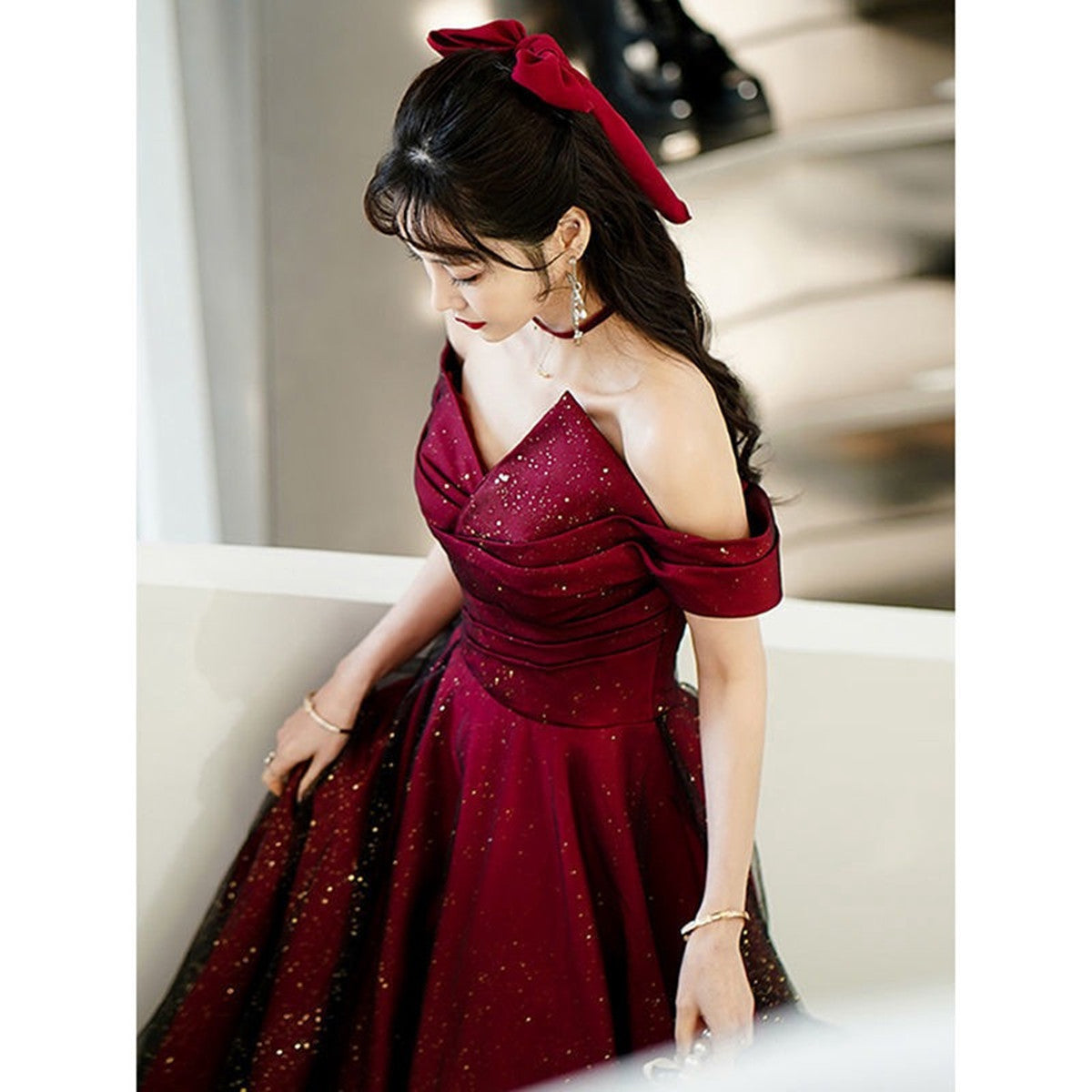 Wine Red And Black Off Shoulder Satin Party Dresses, Red And Black Long Formal Evening Dresses