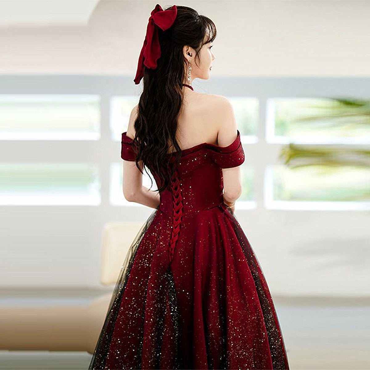 Wine Red And Black Off Shoulder Satin Party Dresses, Red And Black Long Formal Evening Dresses