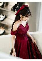 Wine Red And Black Off Shoulder Satin Party Dresses, Red And Black Long Formal Evening Dresses