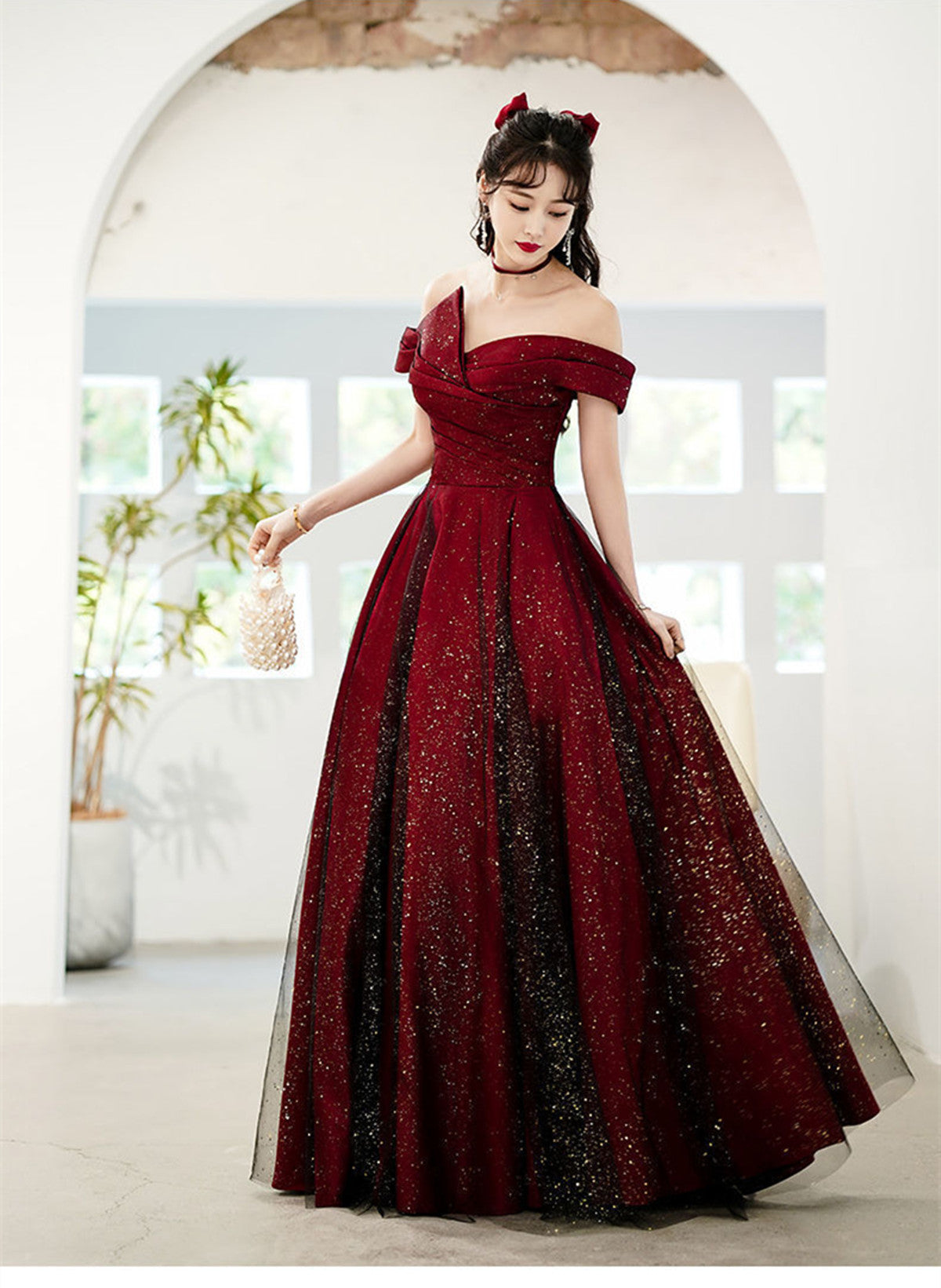 Wine Red And Black Off Shoulder Satin Party Dresses, Red And Black Long Formal Evening Dresses
