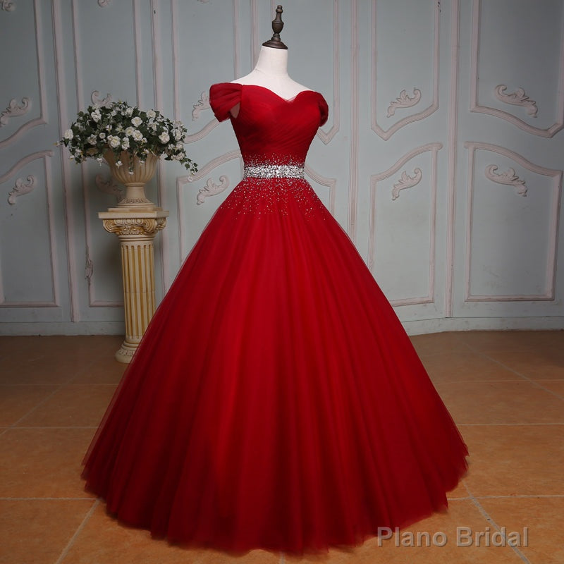 Wine Red Ball Gown Off Shoulder Beaded Party Dress, Tulle Off Shoulder Prom Dress Main image