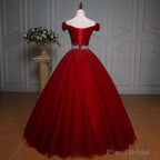 Wine Red Ball Gown Off Shoulder Beaded Party Dress, Tulle Off Shoulder Prom Dress