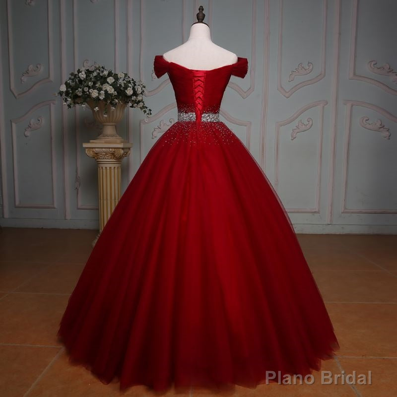 Wine Red Ball Gown Off Shoulder Beaded Party Dress, Tulle Off Shoulder Prom Dress
