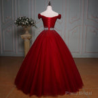 Wine Red Ball Gown Off Shoulder Beaded Party Dress, Tulle Off Shoulder Prom Dress
