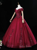 Wine Red Ball Gown Sweetheart Off Shoulder Long Party Dresses, Wine Red Sweet 16 Dresses