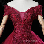 Wine Red Ball Gown Sweetheart Off Shoulder Long Party Dresses, Wine Red Sweet 16 Dresses