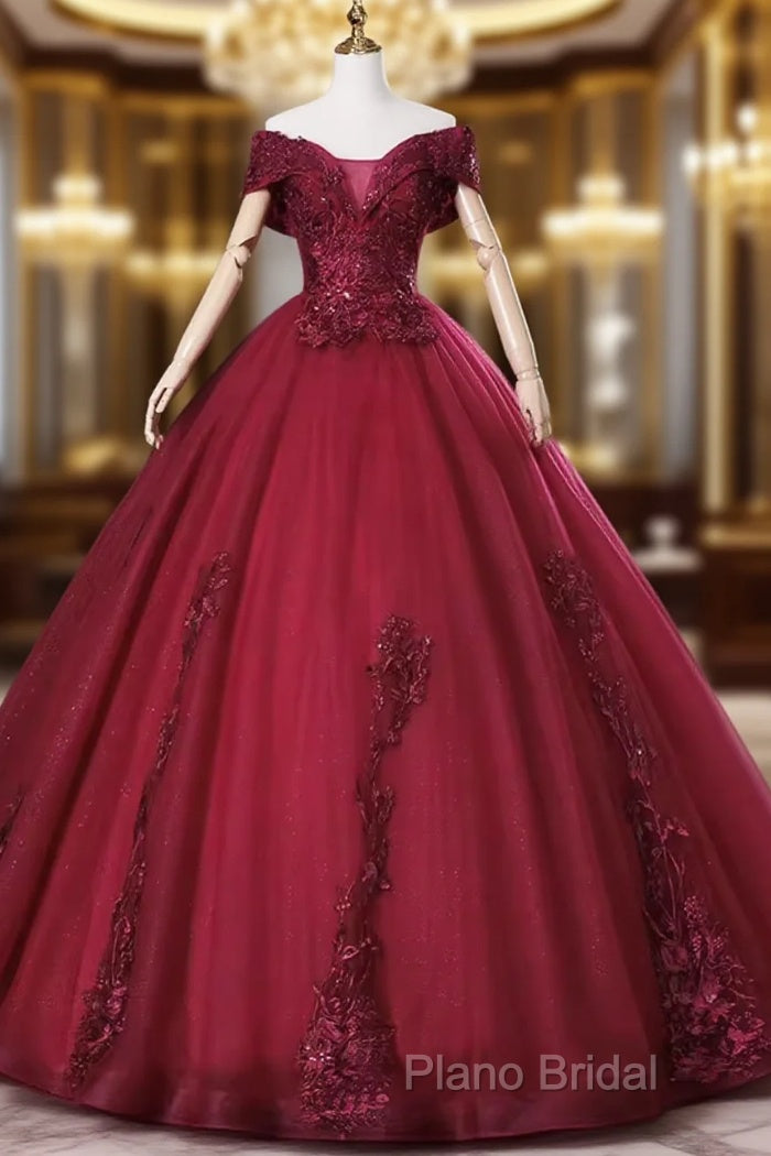 Wine Red Ball Gown Sweetheart Off Shoulder Long Party Dresses, Wine Red Sweet 16 Dresses Main image