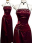Wine Red Beaded Scoop Halter Satin Long Formal Prom Dresses, Wine Red Satin Formal Evening Formal Dresses