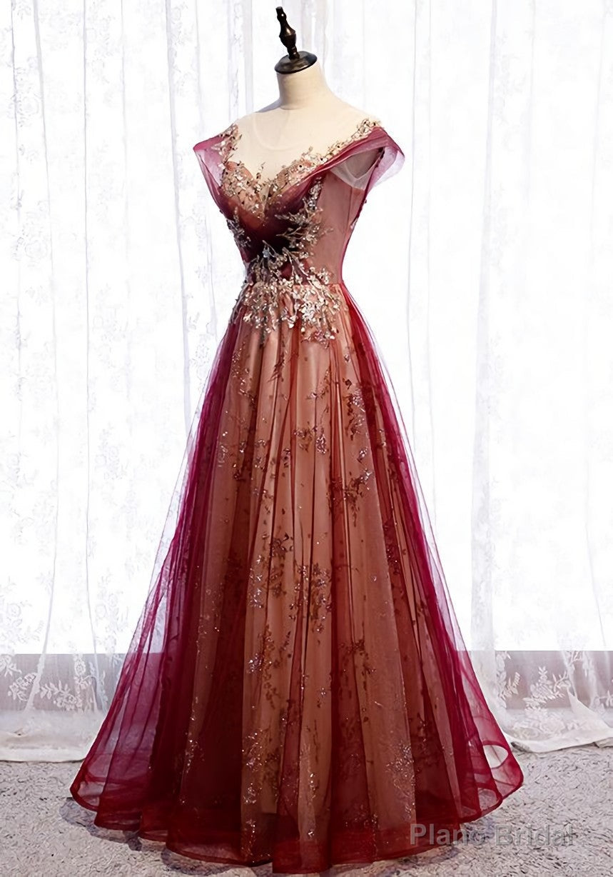 Wine Red Cap Sleeves Tulle with Lace Applique Party Dress, Wine Red Evening Dress Prom Dress Main image