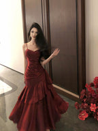 Wine Red Chic Satin Mermaid Sweetheart Long Party Dresses, Wine Red Satin Formal Evening Dresses