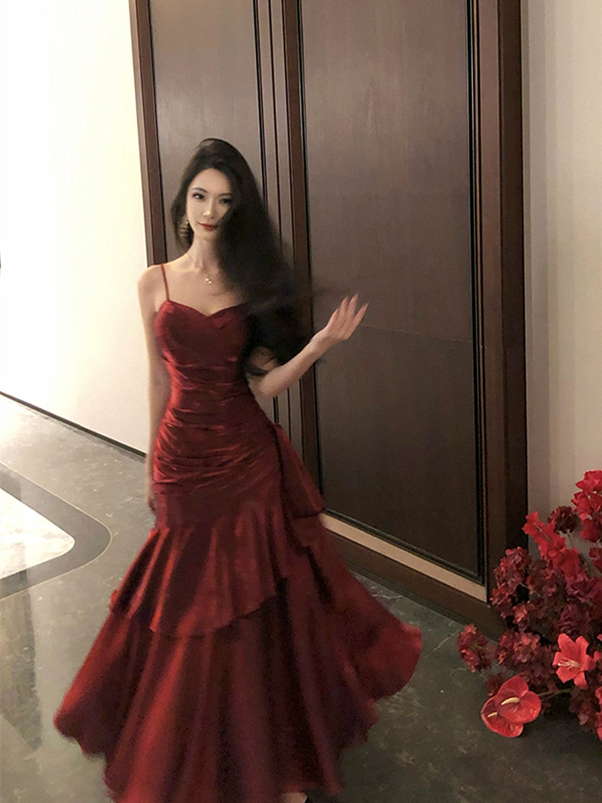 Wine Red Chic Satin Mermaid Sweetheart Long Party Dresses, Wine Red Satin Formal Evening Dresses