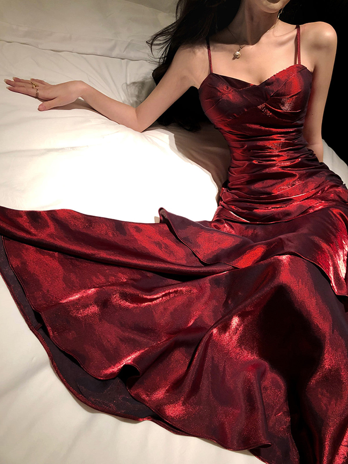 Wine Red Chic Satin Mermaid Sweetheart Long Party Dresses, Wine Red Satin Formal Evening Dresses Secondary image