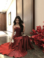 Wine Red Chic Satin Mermaid Sweetheart Long Party Dresses, Wine Red Satin Formal Evening Dresses
