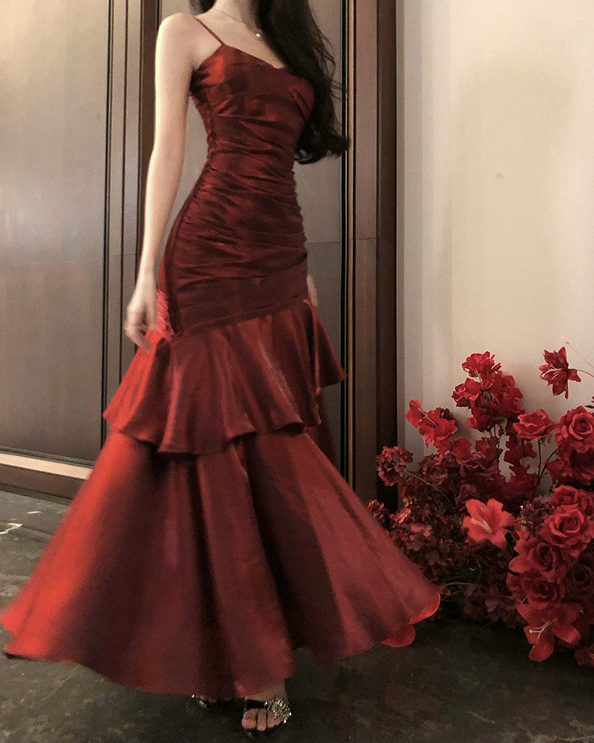 Wine Red Chic Satin Mermaid Sweetheart Long Party Dresses, Wine Red Satin Formal Evening Dresses