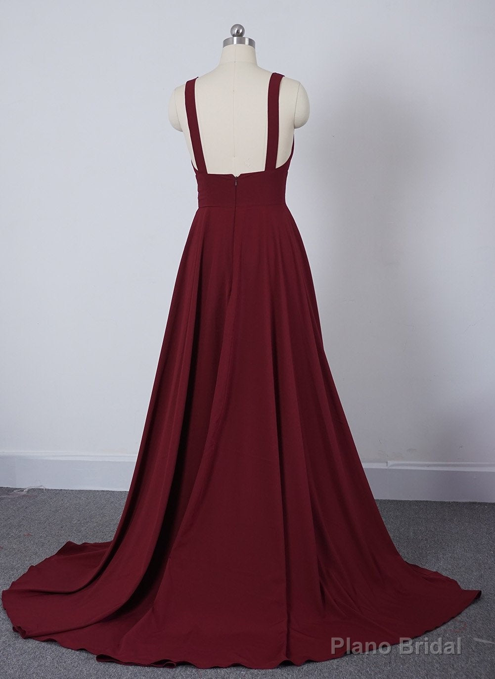 Wine Red Chiffon High Slit Long Party Dress, Charming Long Straps Bridesmaid Dresses Secondary image