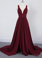Wine Red Chiffon High Slit Long Party Dress, Charming Long Straps Bridesmaid Dresses