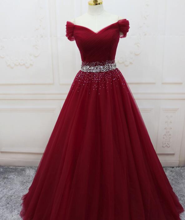 Wine Red Elegant Princess Gown, Handmade Off Shoulder Ball Gowns, Party Dresses