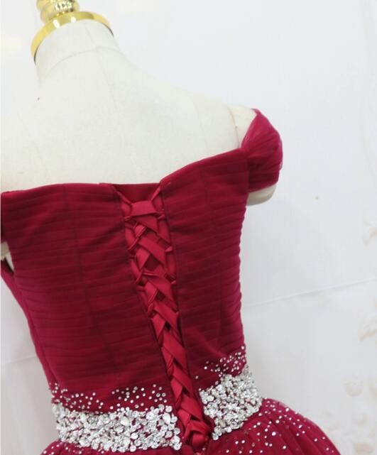 Wine Red Elegant Princess Gown, Handmade Off Shoulder Ball Gowns, Party Dresses