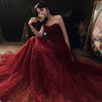 Wine Red Floral Lace And Tulle Long Formal Evening Gown Party Dresses, Burgundy Formal Dresses 2026
