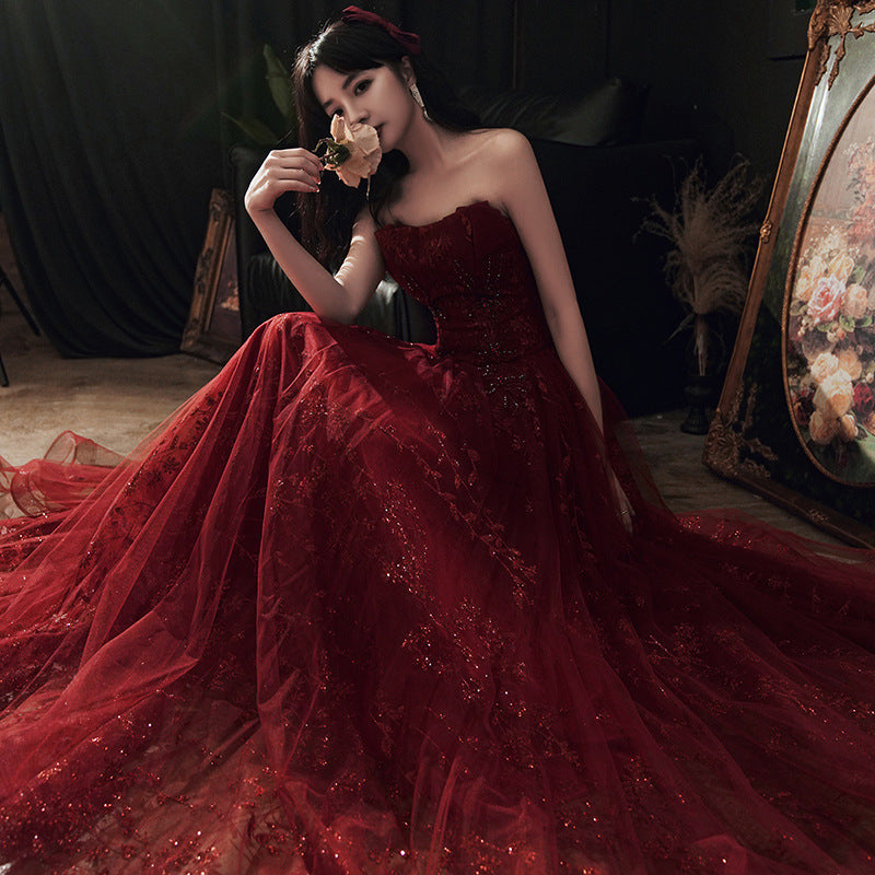 Wine Red Floral Lace And Tulle Long Formal Evening Gown Party Dresses, Burgundy Formal Dresses 2026
