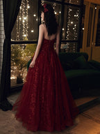 Wine Red Floral Lace And Tulle Long Formal Evening Gown Party Dresses, Burgundy Formal Dresses 2026