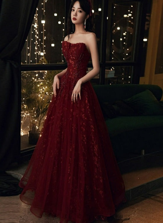 Wine Red Floral Lace And Tulle Long Formal Evening Gown Party Dresses, Burgundy Formal Dresses 2026 Main image