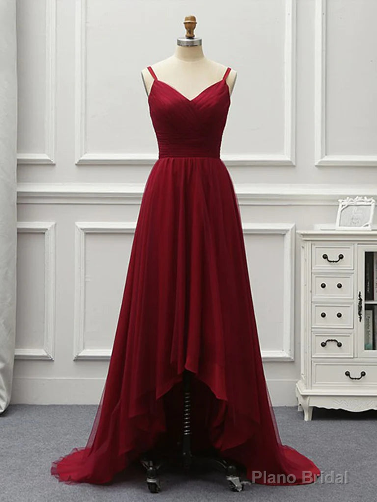 Wine Red High Low Sweetheart Simple Tulle Prom Dress, High Low Homecoming Dress