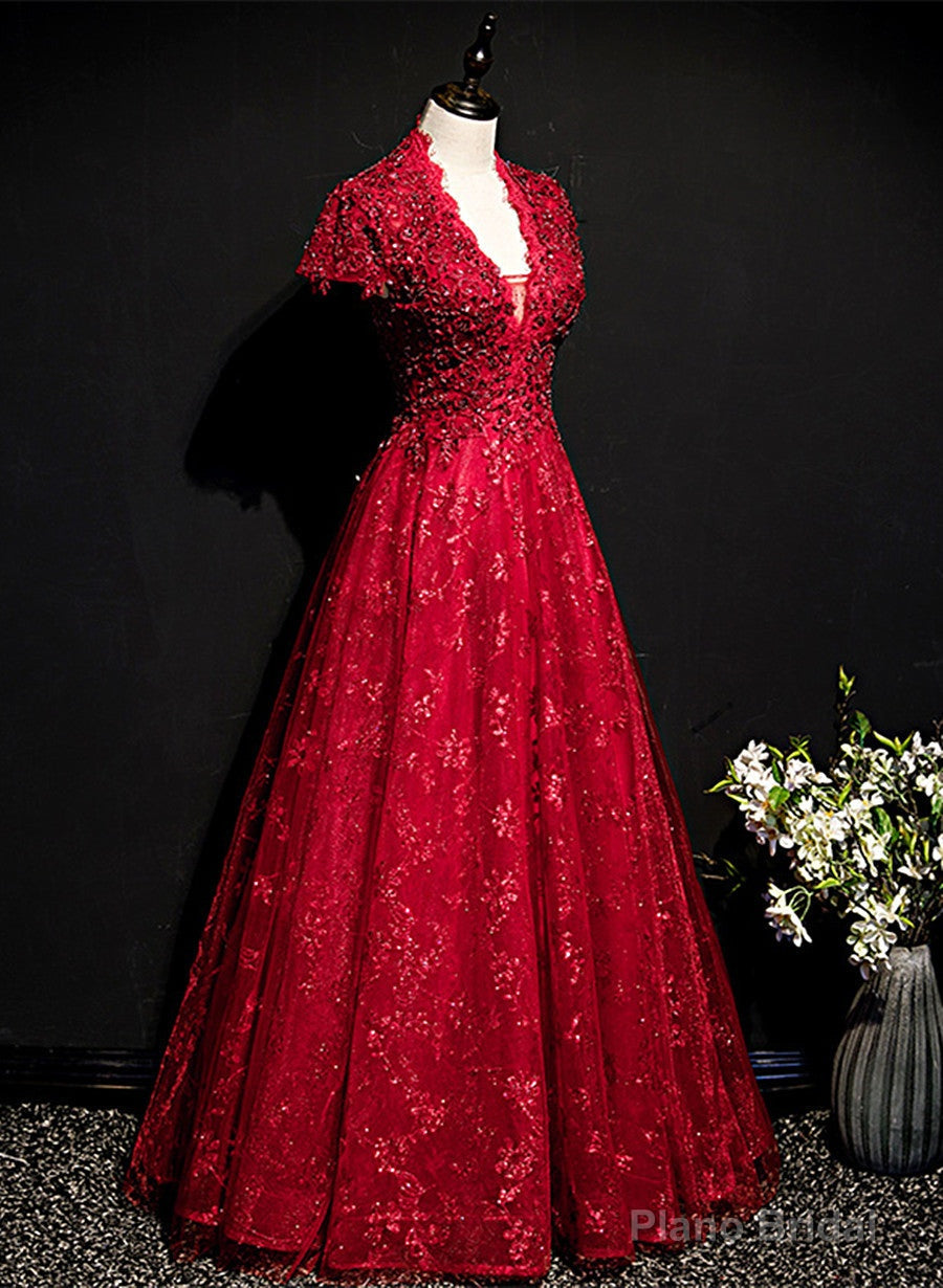 Wine Red Lace A-line Open Back Long Prom Dress, A-line Wine Red Formal Dress Main image