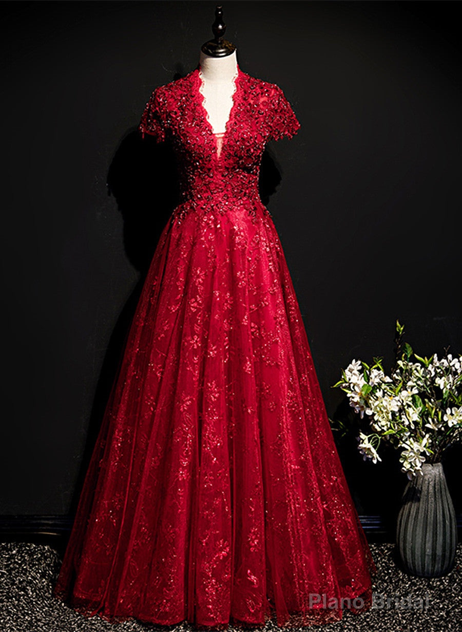 Wine Red Lace A-line Open Back Long Prom Dress, A-line Wine Red Formal Dress Secondary image