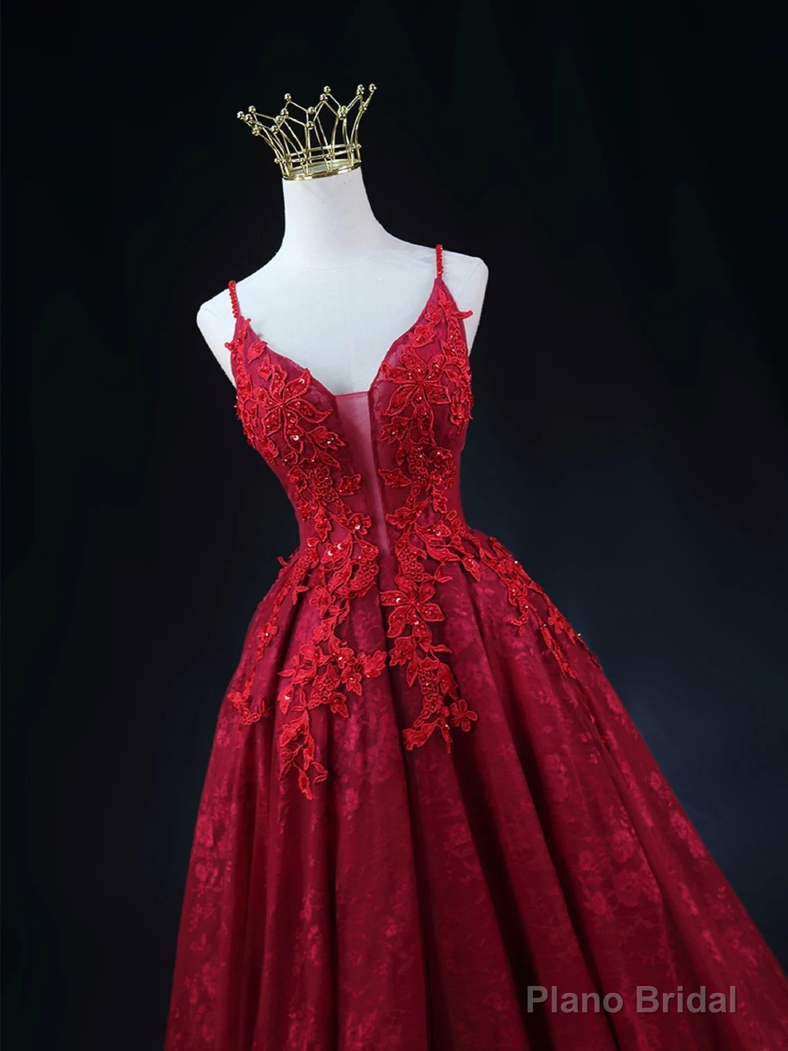Wine Red Lace Applique Straps V-neckline Party Dress, Floor Length Wine Red Prom Dress Secondary image