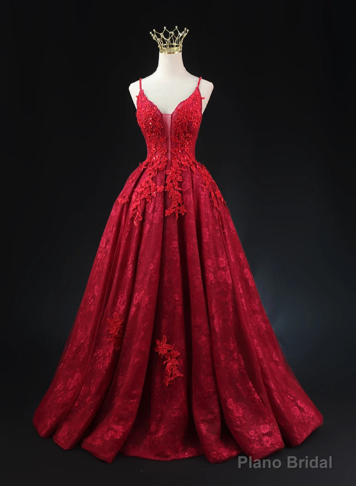 Wine Red Lace Applique Straps V-neckline Party Dress, Floor Length Wine Red Prom Dress Main image