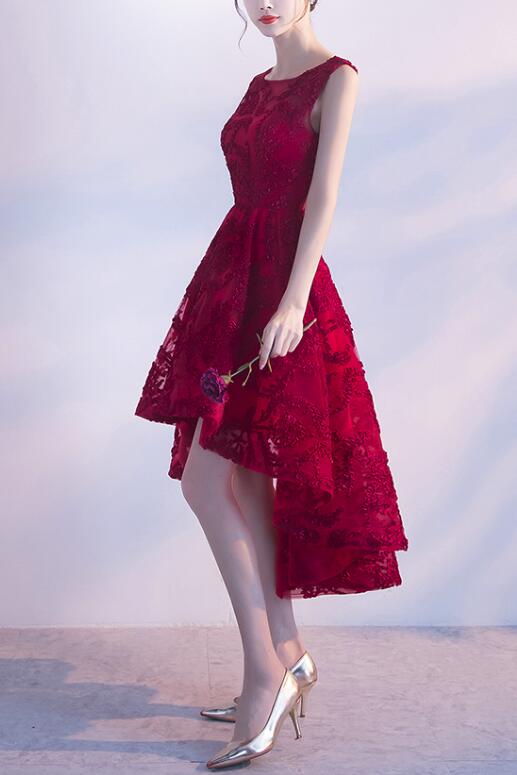 Wine Red Lace High Low Charming Formal Dresses, Junior Party Dresses, Cute Formal Prom Dresses Secondary image