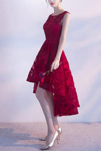 Wine Red Lace High Low Charming Formal Dresses, Junior Party Dresses, Cute Formal Prom Dresses