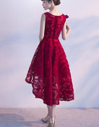 Wine Red Lace High Low Charming Formal Dresses, Junior Party Dresses, Cute Formal Prom Dresses