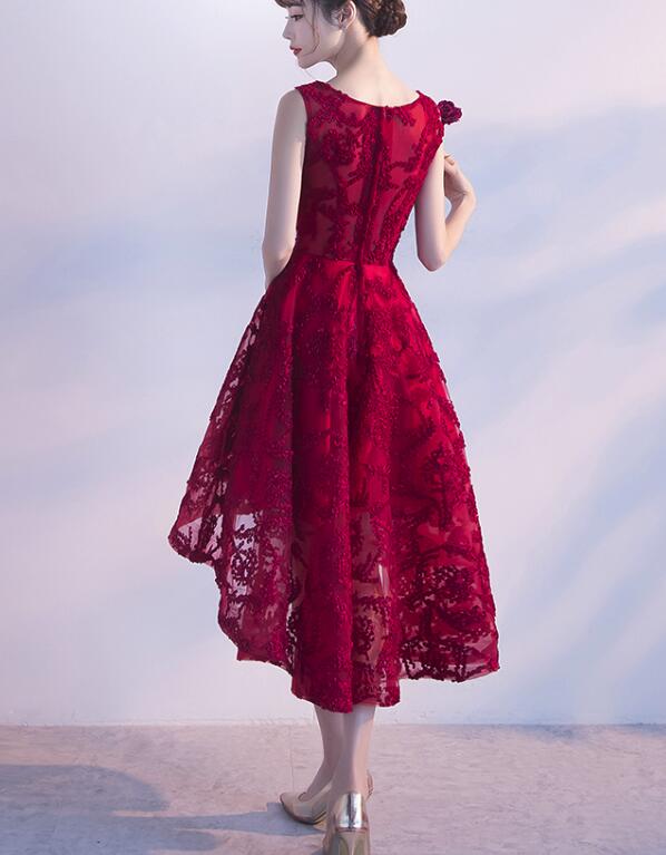 Wine Red Lace High Low Charming Formal Dresses, Junior Party Dresses, Cute Formal Prom Dresses
