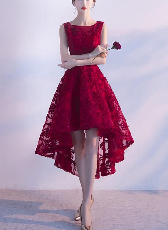 Wine Red Lace High Low Charming Formal Dresses, Junior Party Dresses, Cute Formal Prom Dresses