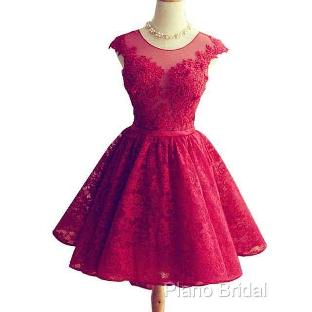 Wine Red Lace Knee Length Round Neckline Party Dresses, Cute Homecoming Dresses