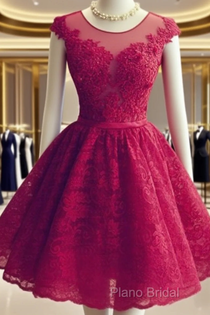 Wine Red Lace Knee Length Round Neckline Party Dresses, Cute Homecoming Dresses Main image