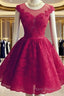 Wine Red Lace Knee Length Round Neckline Party Dresses, Cute Homecoming Dresses