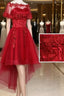 Wine Red Lace Tulle High Low Lace Formal Homecoming Dresses