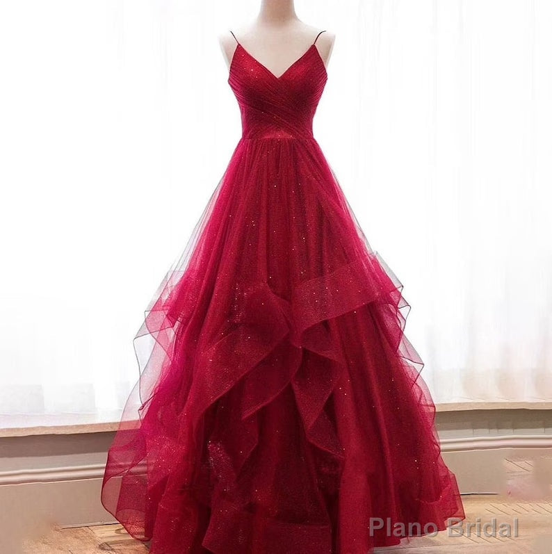 Wine Red Layers Tulle V-neckline Straps Formal Dress, Wine Red Evening Dress Party Dress Main image