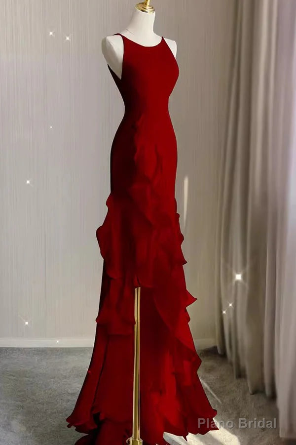 Wine Red Long Round Neckline Low Back, Wine Red Evening Dress Prom Dress Secondary image